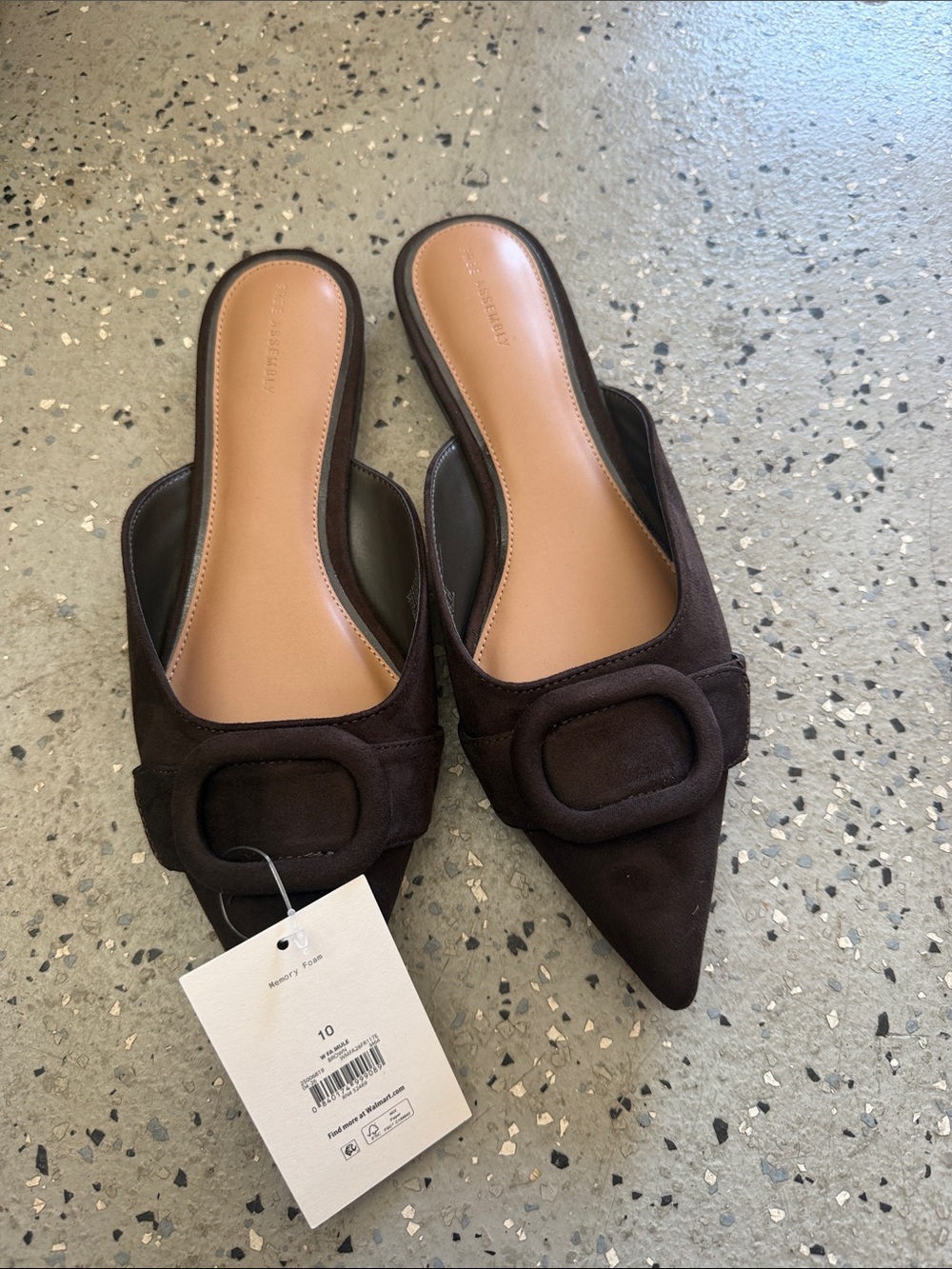 Free Assembly Pointed Slide Mules with Decorative Buckle in Dark Brown size 10